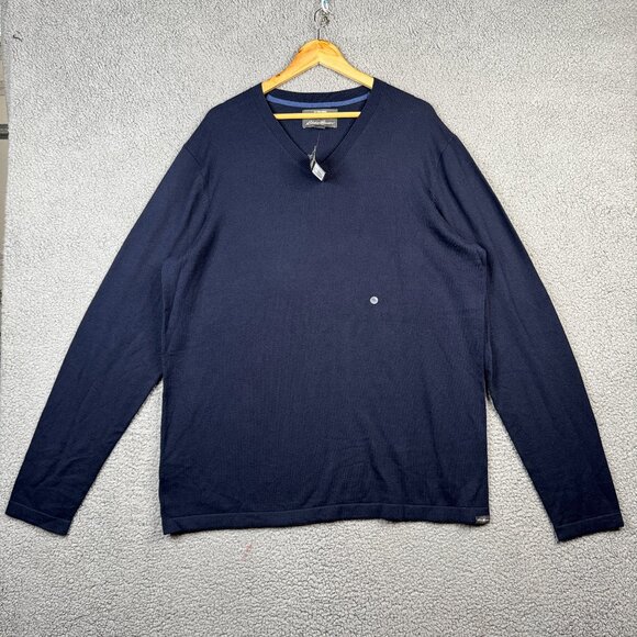 Eddie Bauer Sweater Mens XLT Navy V-Neck Merino Wool Cotton Blend Cable-Knit NWT - Picture 1 of 15